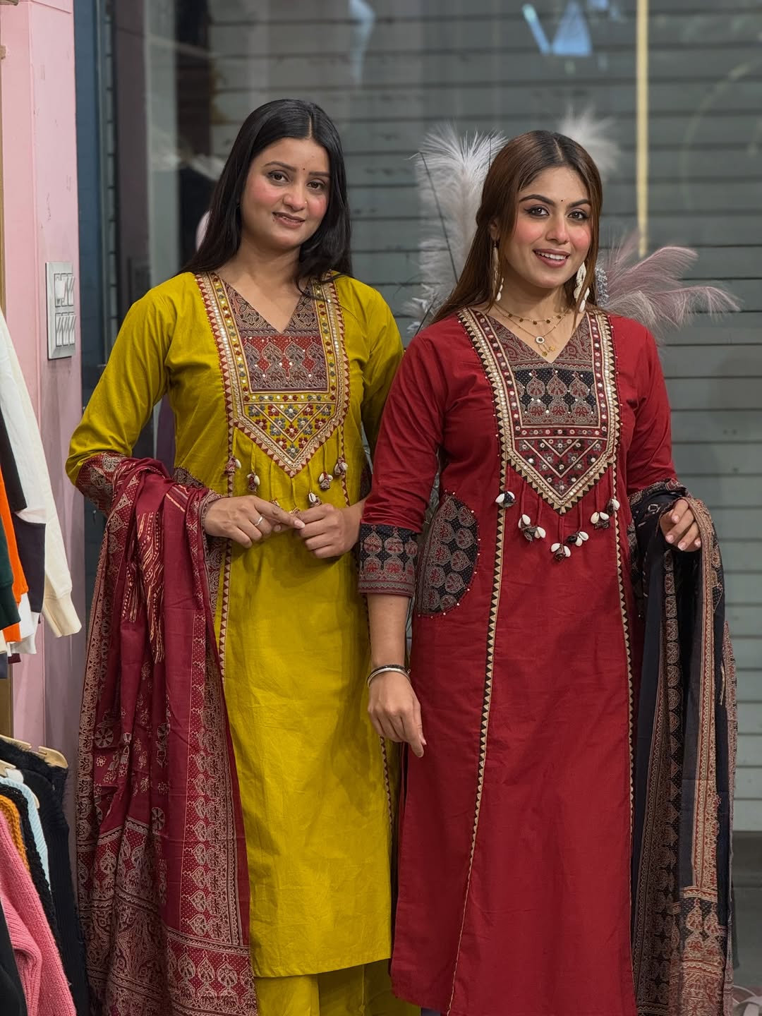 Red Cotton Embroidered Kurti with Printed Dupatta for Women