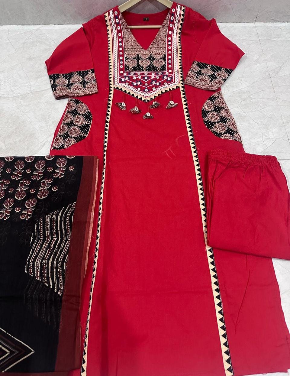 Red Cotton Embroidered Kurti with Printed Dupatta for Women