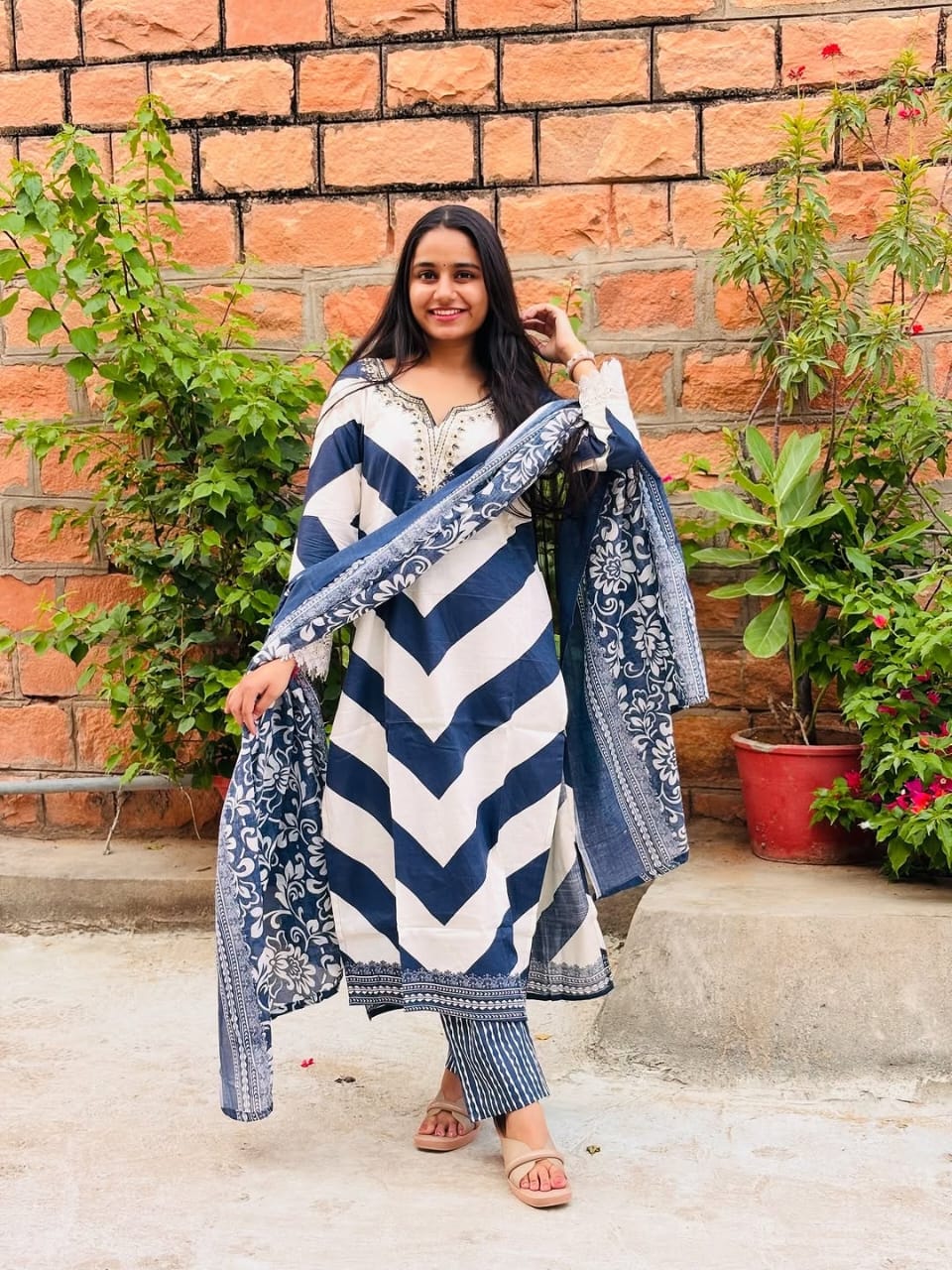 Blue & White Chevron Printed Cotton Kurti Set with Dupatta for Women