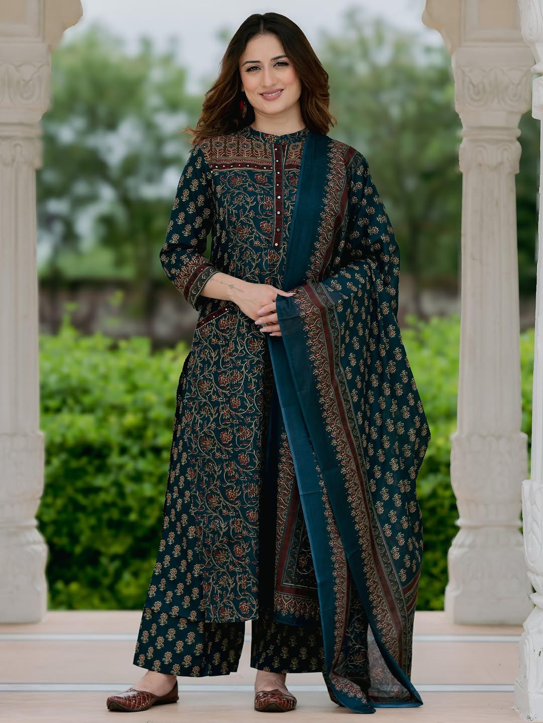 Premium Teal Printed Kurta Set with Dupatta (3-Piece)