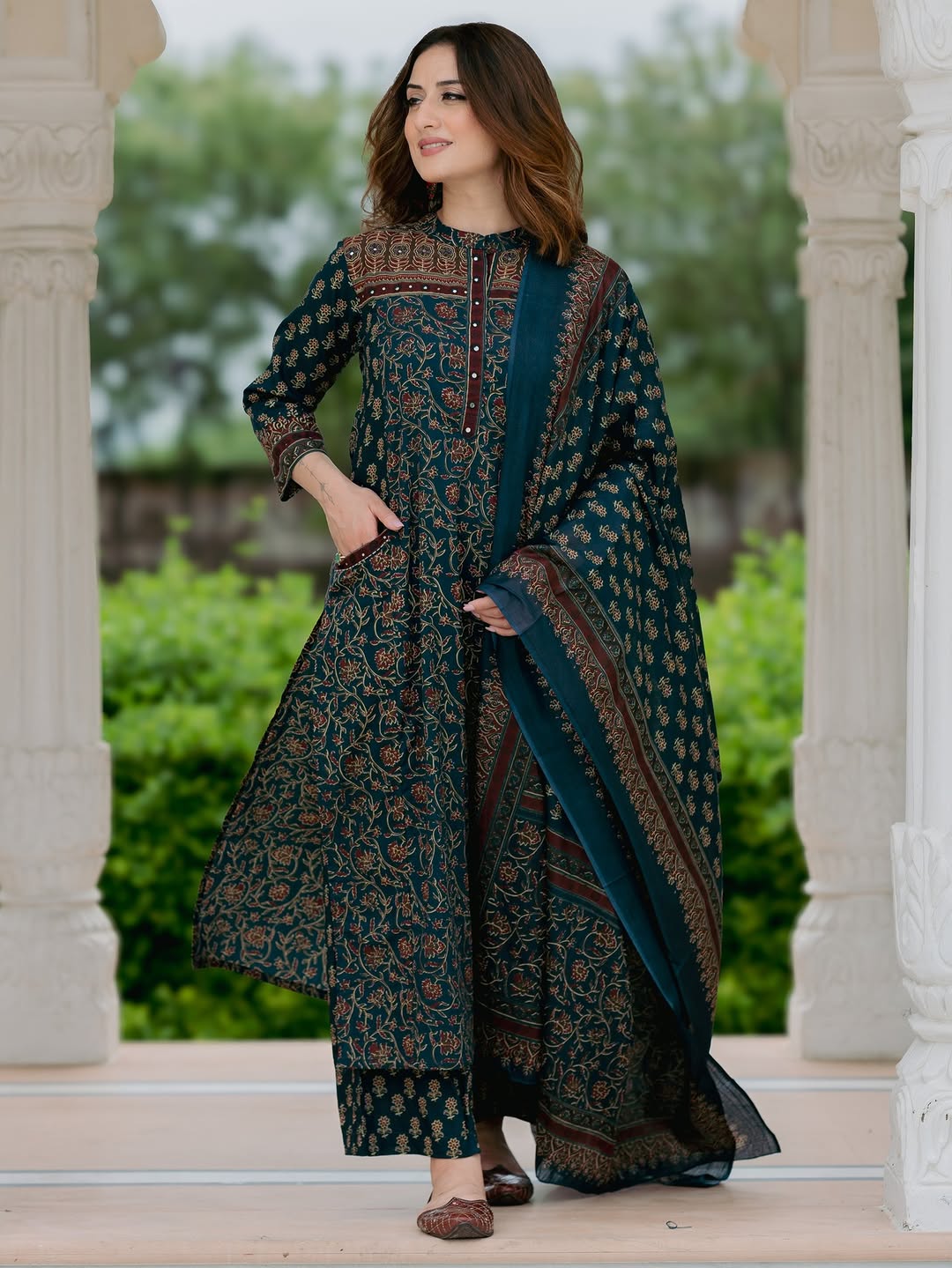 Premium Teal Printed Kurta Set with Dupatta (3-Piece)