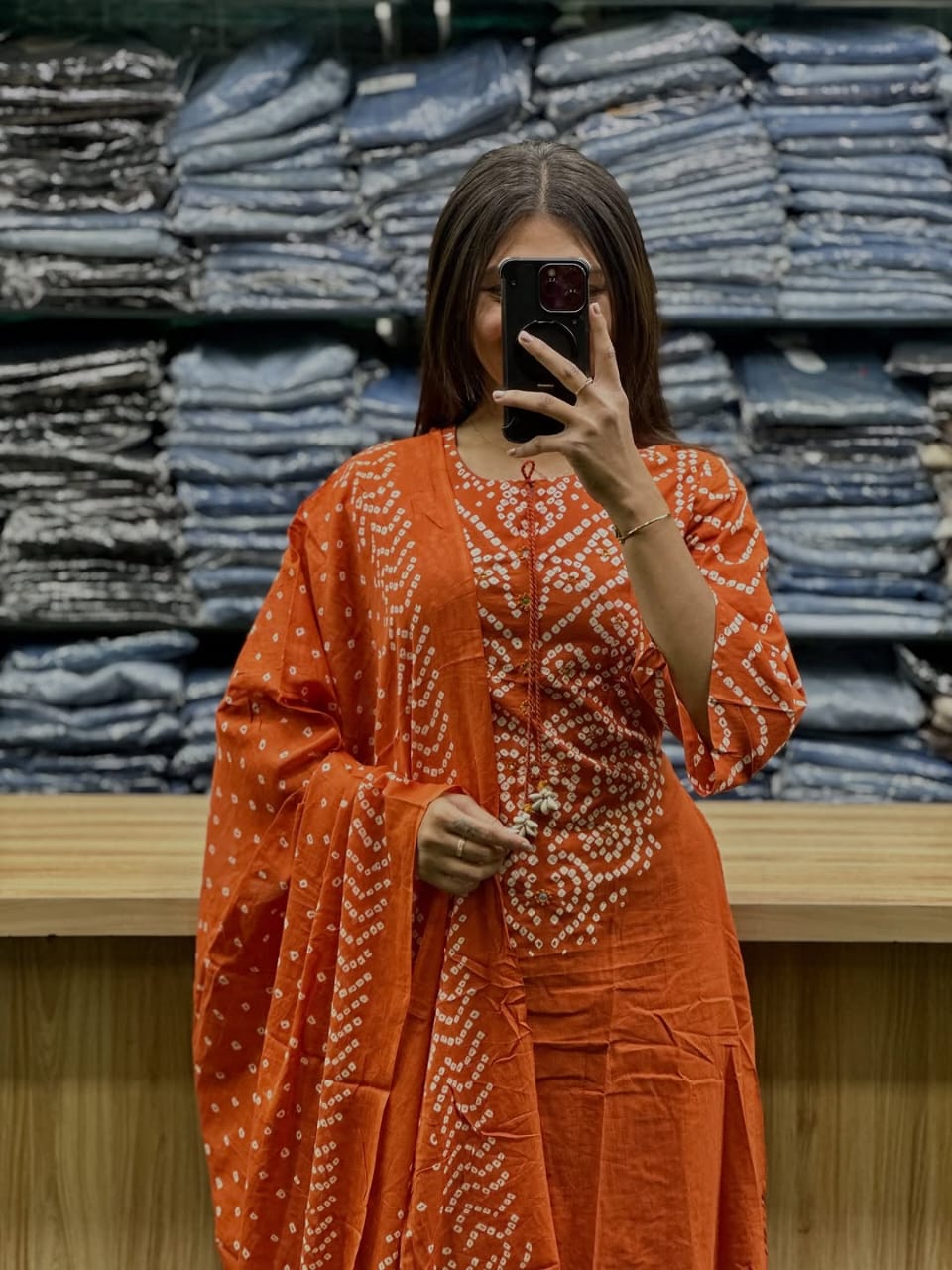 Bandhni Print Applique Codi Work Cotton Suit